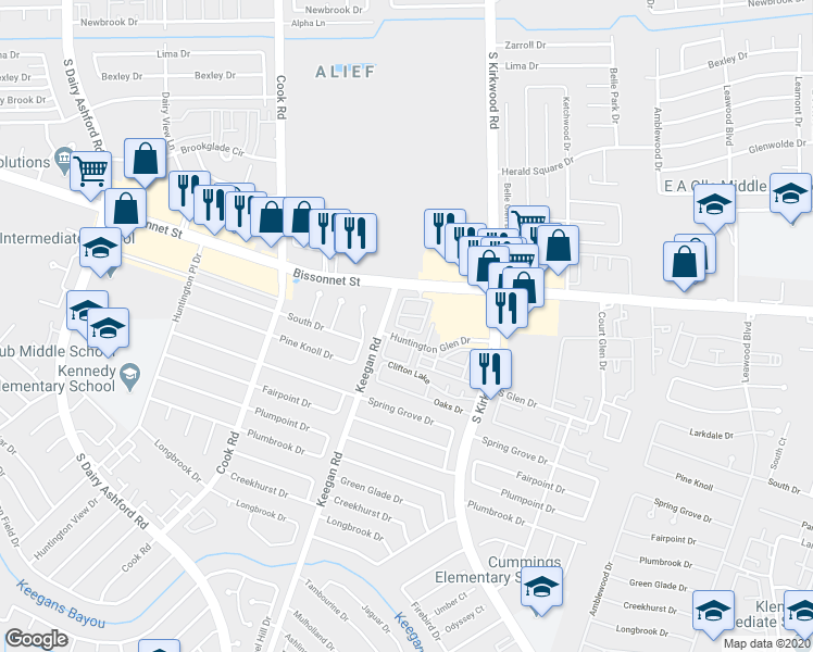 map of restaurants, bars, coffee shops, grocery stores, and more near in Houston