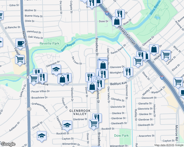 map of restaurants, bars, coffee shops, grocery stores, and more near 8207 Dover Street in Houston
