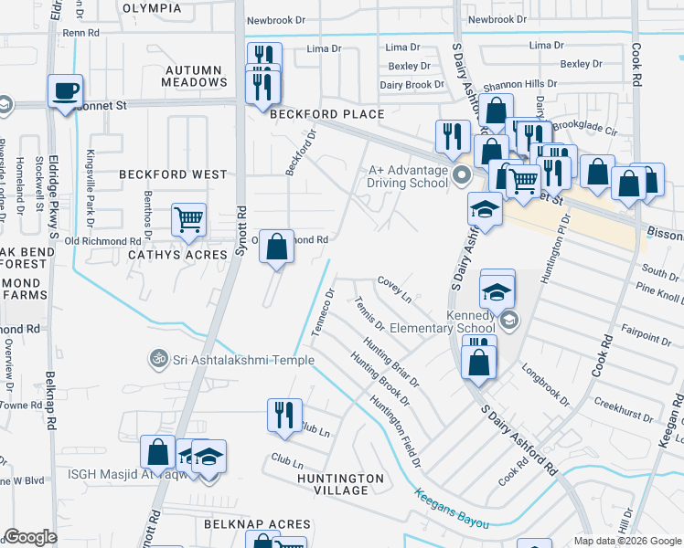 map of restaurants, bars, coffee shops, grocery stores, and more near 12850 Covey Lane in Houston