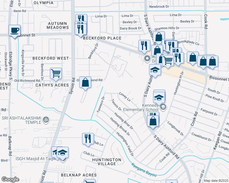 map of restaurants, bars, coffee shops, grocery stores, and more near 12830 Covey Lane in Houston