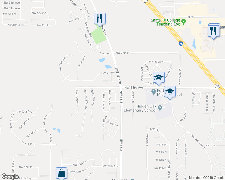 map of restaurants, bars, coffee shops, grocery stores, and more near 9914 Northwest 23rd Avenue in Gainesville