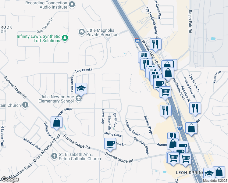map of restaurants, bars, coffee shops, grocery stores, and more near 8015 Cooper Mill in San Antonio