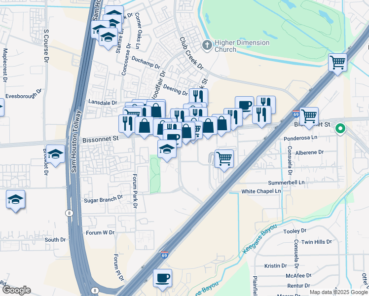 map of restaurants, bars, coffee shops, grocery stores, and more near 9801 Bissonnet St in Houston