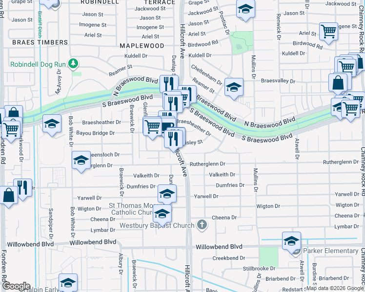 map of restaurants, bars, coffee shops, grocery stores, and more near 5850 Paisley Street in Houston
