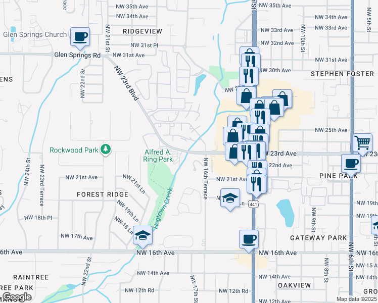 map of restaurants, bars, coffee shops, grocery stores, and more near 1608 NW 23rd Ave in Gainesville