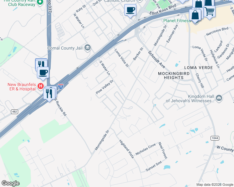 map of restaurants, bars, coffee shops, grocery stores, and more near 345 South Water Lane in New Braunfels