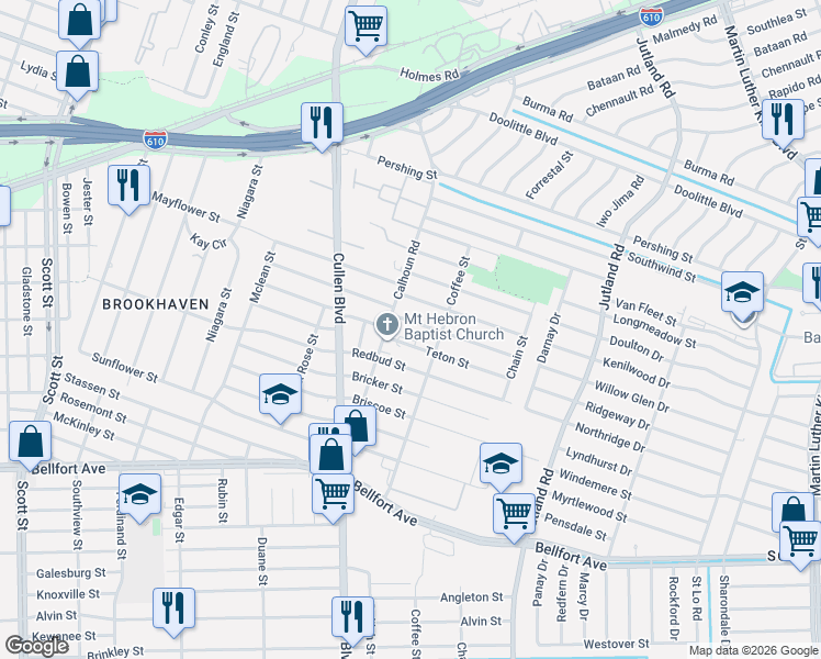 map of restaurants, bars, coffee shops, grocery stores, and more near 4806 Edfield Street in Houston