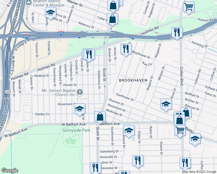 map of restaurants, bars, coffee shops, grocery stores, and more near 3900 Hondo Street in Houston