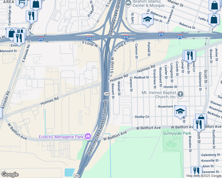 map of restaurants, bars, coffee shops, grocery stores, and more near 8129 Bassett Street in Houston