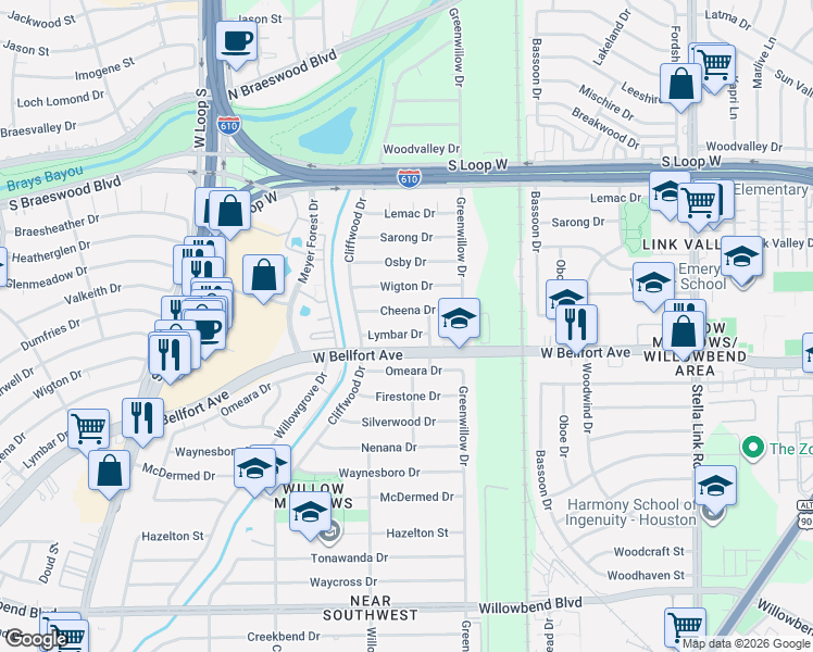 map of restaurants, bars, coffee shops, grocery stores, and more near 4411 Cheena Drive in Houston