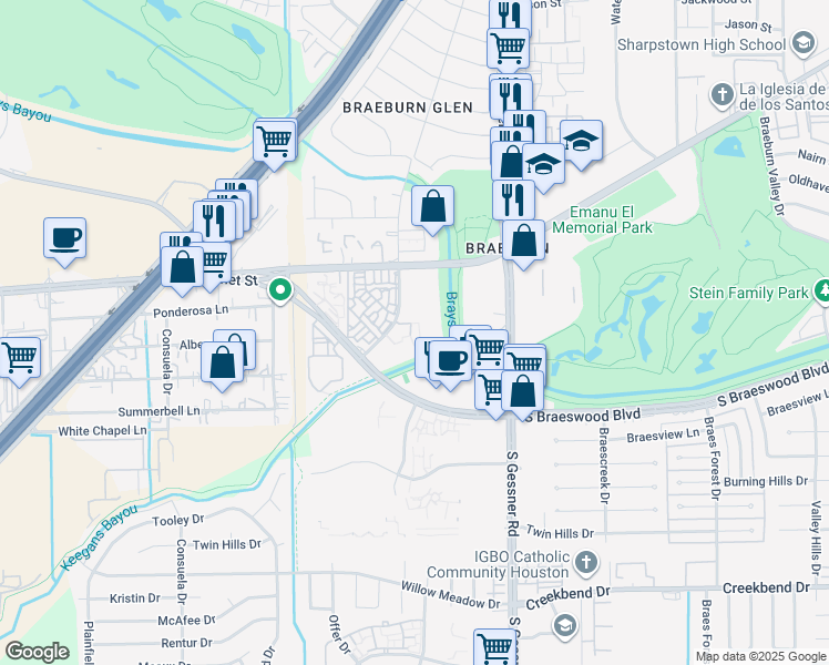 map of restaurants, bars, coffee shops, grocery stores, and more near 9707 Braeburn Glen Boulevard in Houston