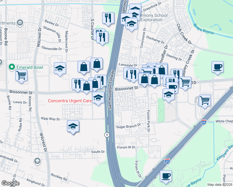 map of restaurants, bars, coffee shops, grocery stores, and more near in Houston
