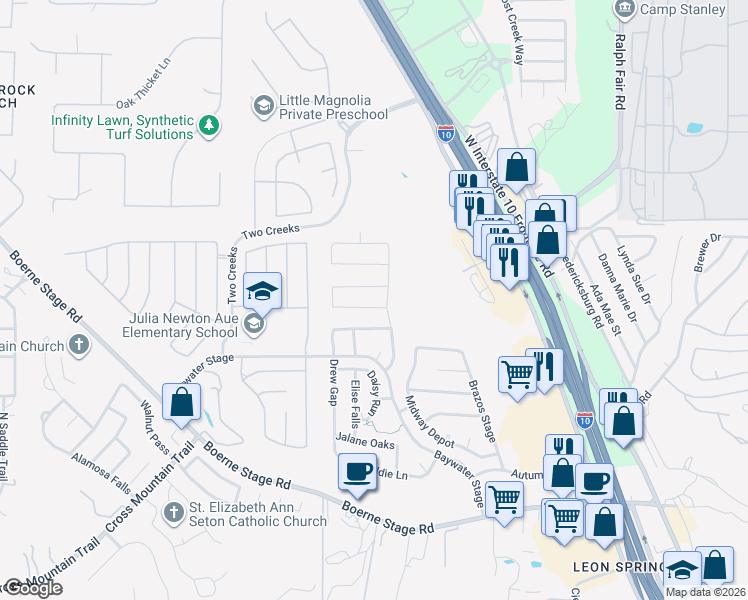 map of restaurants, bars, coffee shops, grocery stores, and more near 25014 Cooper Valley in San Antonio