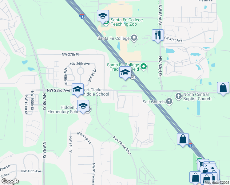 map of restaurants, bars, coffee shops, grocery stores, and more near 2141 Northwest 87 Terrace in Gainesville