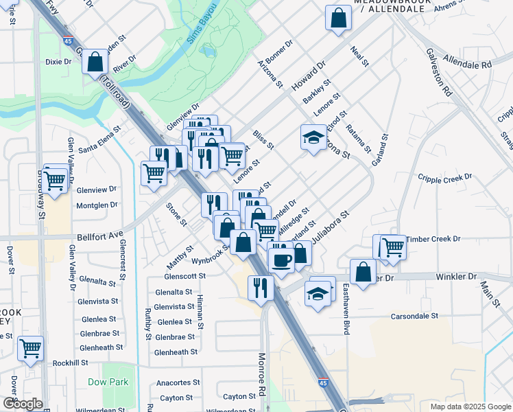map of restaurants, bars, coffee shops, grocery stores, and more near 8008 Elrod Street in Houston