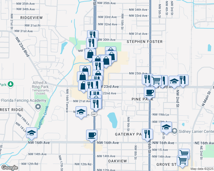 map of restaurants, bars, coffee shops, grocery stores, and more near 1119 NW 24 Ave in Gainesville