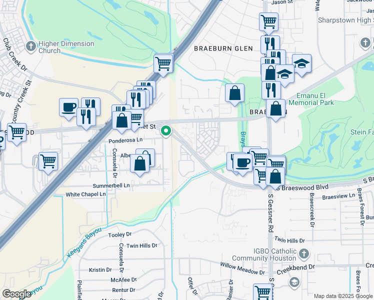 map of restaurants, bars, coffee shops, grocery stores, and more near 33 South Braeswood Boulevard in Houston