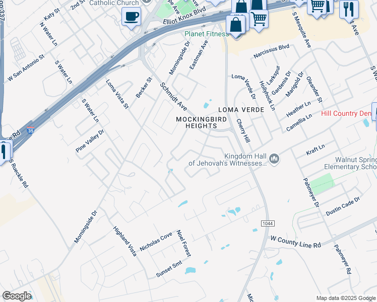 map of restaurants, bars, coffee shops, grocery stores, and more near 1916 Eastern Finch in New Braunfels