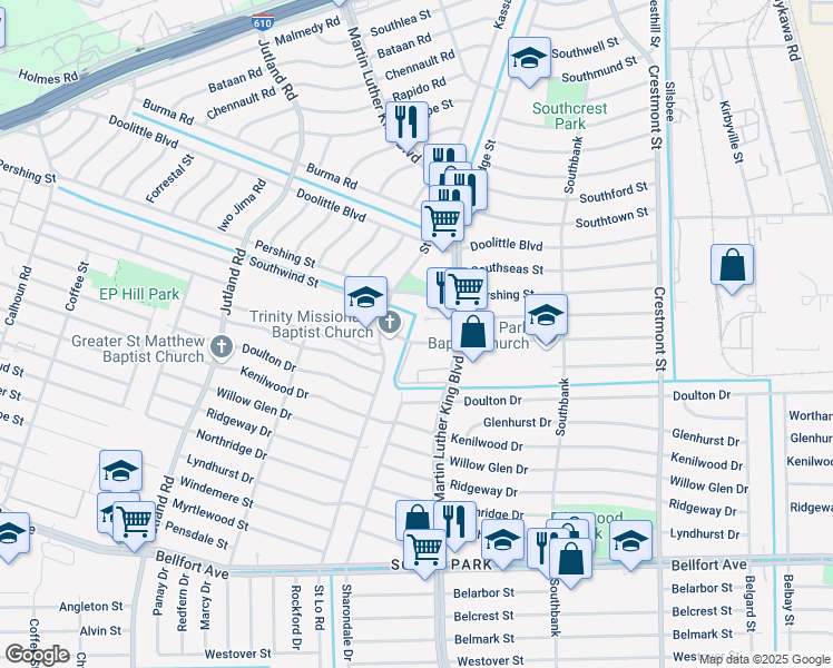 map of restaurants, bars, coffee shops, grocery stores, and more near 5535 Van Fleet Street in Houston