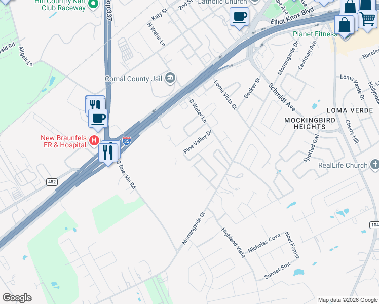 map of restaurants, bars, coffee shops, grocery stores, and more near 3038 Pine Valley Drive in New Braunfels