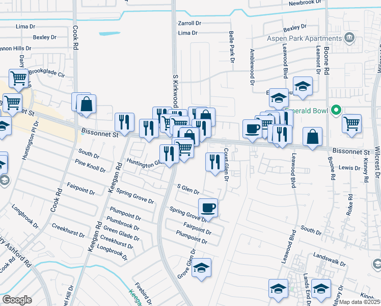 map of restaurants, bars, coffee shops, grocery stores, and more near 11875 Bissonnet Street in Houston