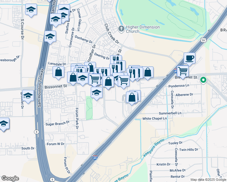 map of restaurants, bars, coffee shops, grocery stores, and more near 9801 Bissonnet Street in Houston