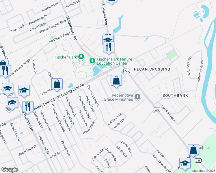 map of restaurants, bars, coffee shops, grocery stores, and more near 2029 Warwick Place in New Braunfels