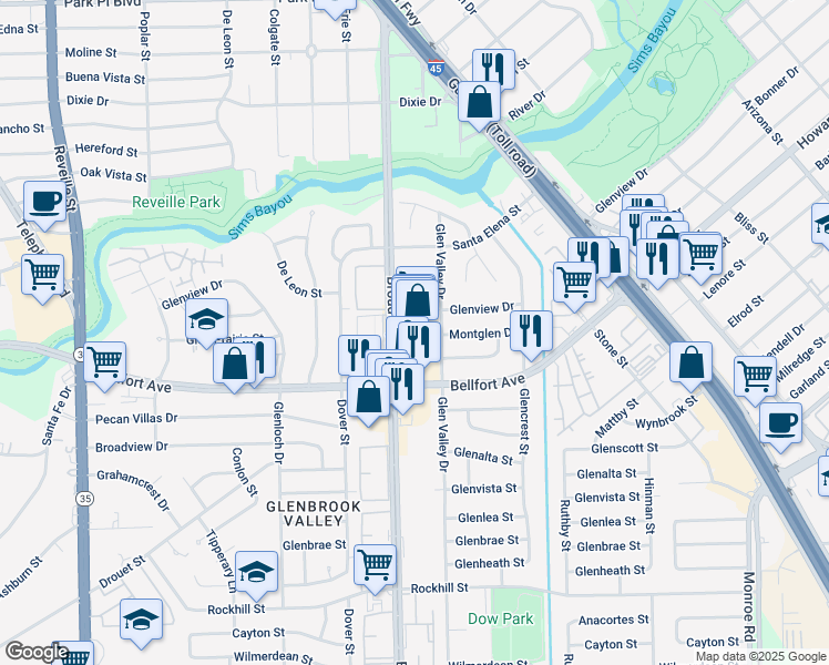 map of restaurants, bars, coffee shops, grocery stores, and more near 8203 Broadway Street in Houston