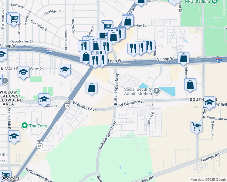 map of restaurants, bars, coffee shops, grocery stores, and more near 9960 Old Main Saint Loop Road in Houston