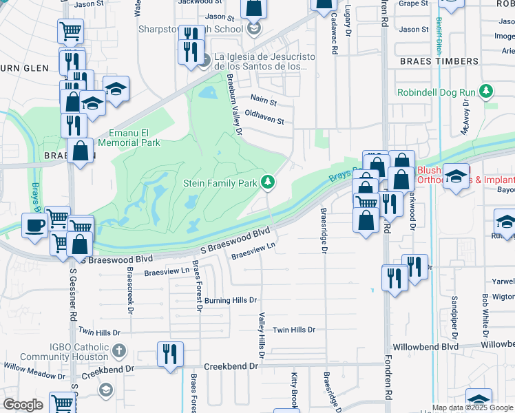 map of restaurants, bars, coffee shops, grocery stores, and more near 9600 Braes Bayou Drive in Houston