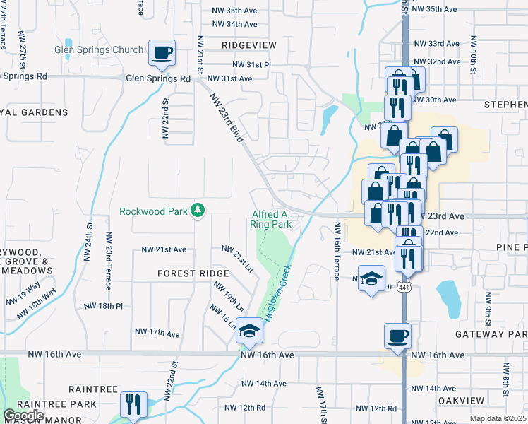 map of restaurants, bars, coffee shops, grocery stores, and more near 2424 Northwest 23rd Avenue in Gainesville