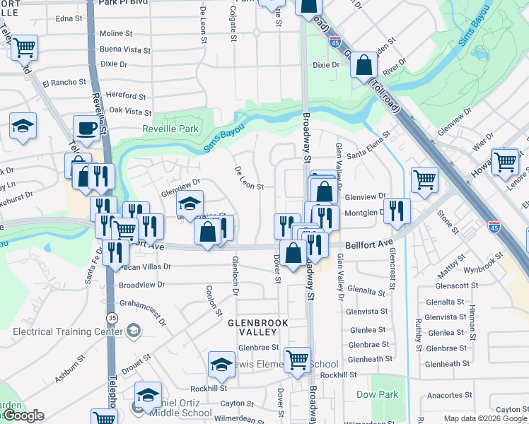 map of restaurants, bars, coffee shops, grocery stores, and more near 8215 Colgate Street in Houston