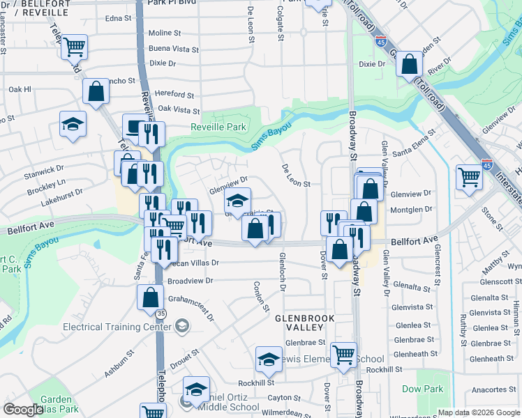 map of restaurants, bars, coffee shops, grocery stores, and more near 7638 Montglen Drive in Houston