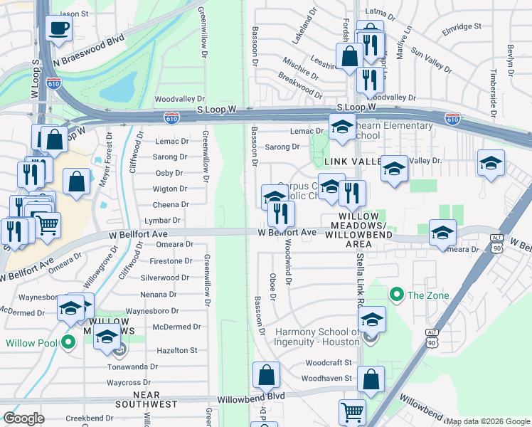 map of restaurants, bars, coffee shops, grocery stores, and more near 9917 Oboe Drive in Houston