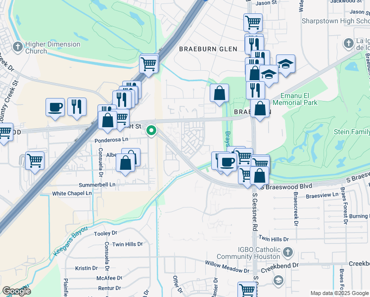 map of restaurants, bars, coffee shops, grocery stores, and more near 14 Braeburn Glen Boulevard in Houston