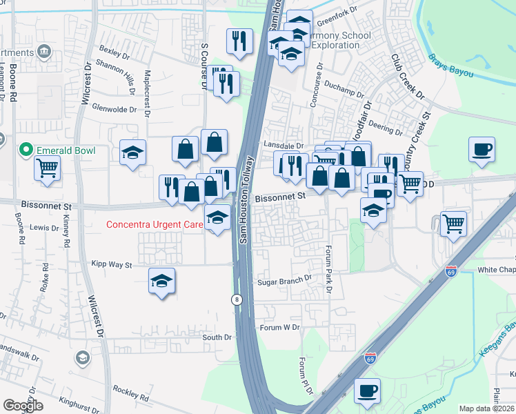 map of restaurants, bars, coffee shops, grocery stores, and more near in Houston