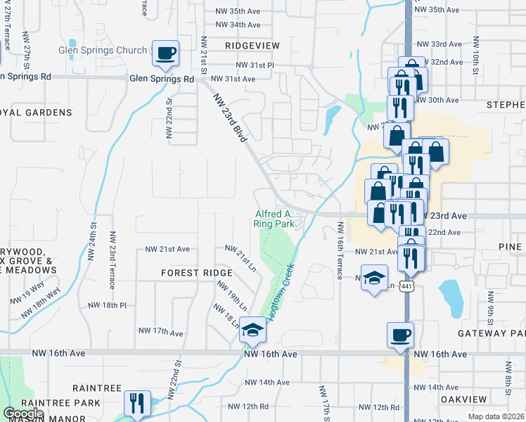 map of restaurants, bars, coffee shops, grocery stores, and more near 1923 Northwest 23rd Boulevard in Gainesville
