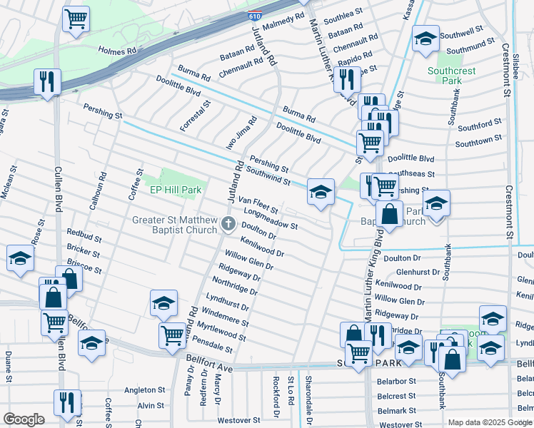 map of restaurants, bars, coffee shops, grocery stores, and more near 5213 Longmeadow Street in Houston