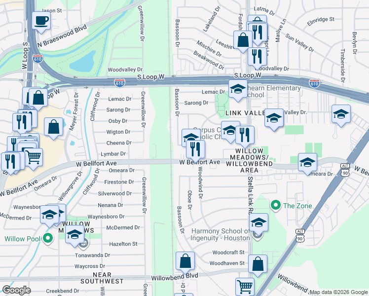map of restaurants, bars, coffee shops, grocery stores, and more near 9917 Oboe Drive in Houston