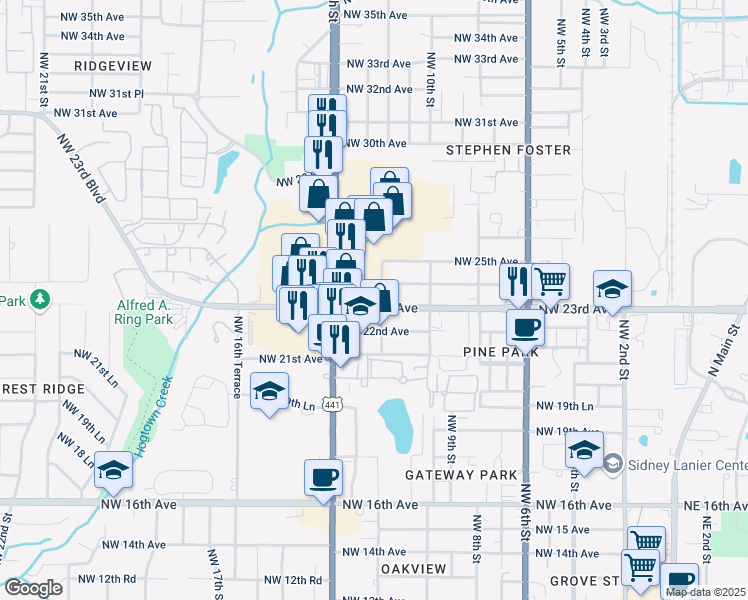 map of restaurants, bars, coffee shops, grocery stores, and more near 1210 Northwest 23rd Avenue in Gainesville
