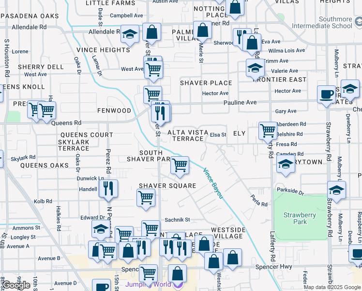 map of restaurants, bars, coffee shops, grocery stores, and more near 312 Fresa Road in Pasadena