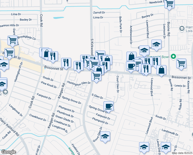 map of restaurants, bars, coffee shops, grocery stores, and more near 11875 Bissonnet Street in Houston