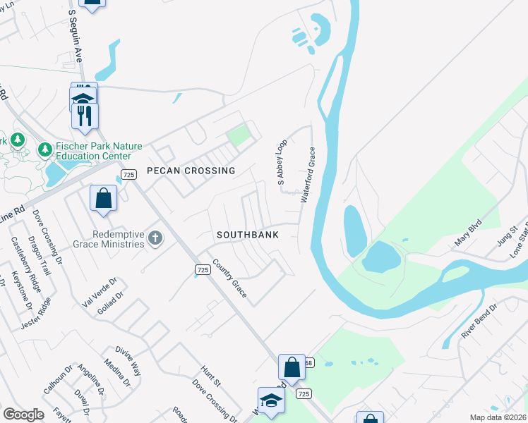 map of restaurants, bars, coffee shops, grocery stores, and more near 2271 Kensington Way in New Braunfels