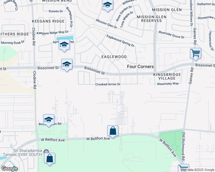 map of restaurants, bars, coffee shops, grocery stores, and more near 16031 Crooked Arrow Drive in Sugar Land
