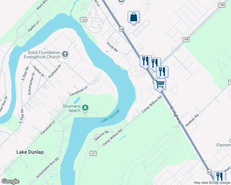map of restaurants, bars, coffee shops, grocery stores, and more near 266 Satterfield Road in New Braunfels