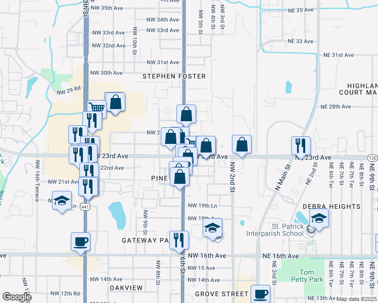 map of restaurants, bars, coffee shops, grocery stores, and more near 2301 Northwest 6th Street in Gainesville