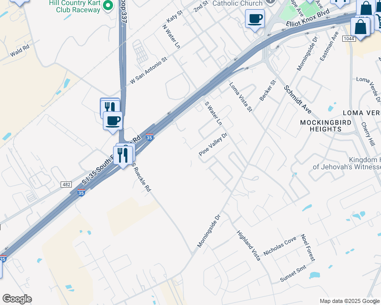 map of restaurants, bars, coffee shops, grocery stores, and more near 3143 Douglas Fir Drive in New Braunfels