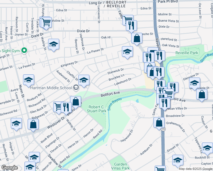 map of restaurants, bars, coffee shops, grocery stores, and more near 7318 Brockley Lane in Houston