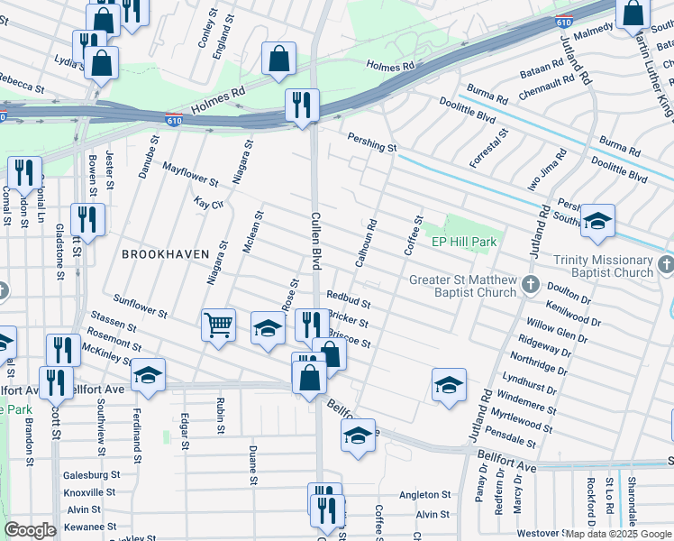 map of restaurants, bars, coffee shops, grocery stores, and more near 4725 Teton Street in Houston