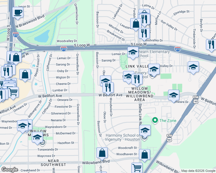 map of restaurants, bars, coffee shops, grocery stores, and more near 9917 Oboe Drive in Houston